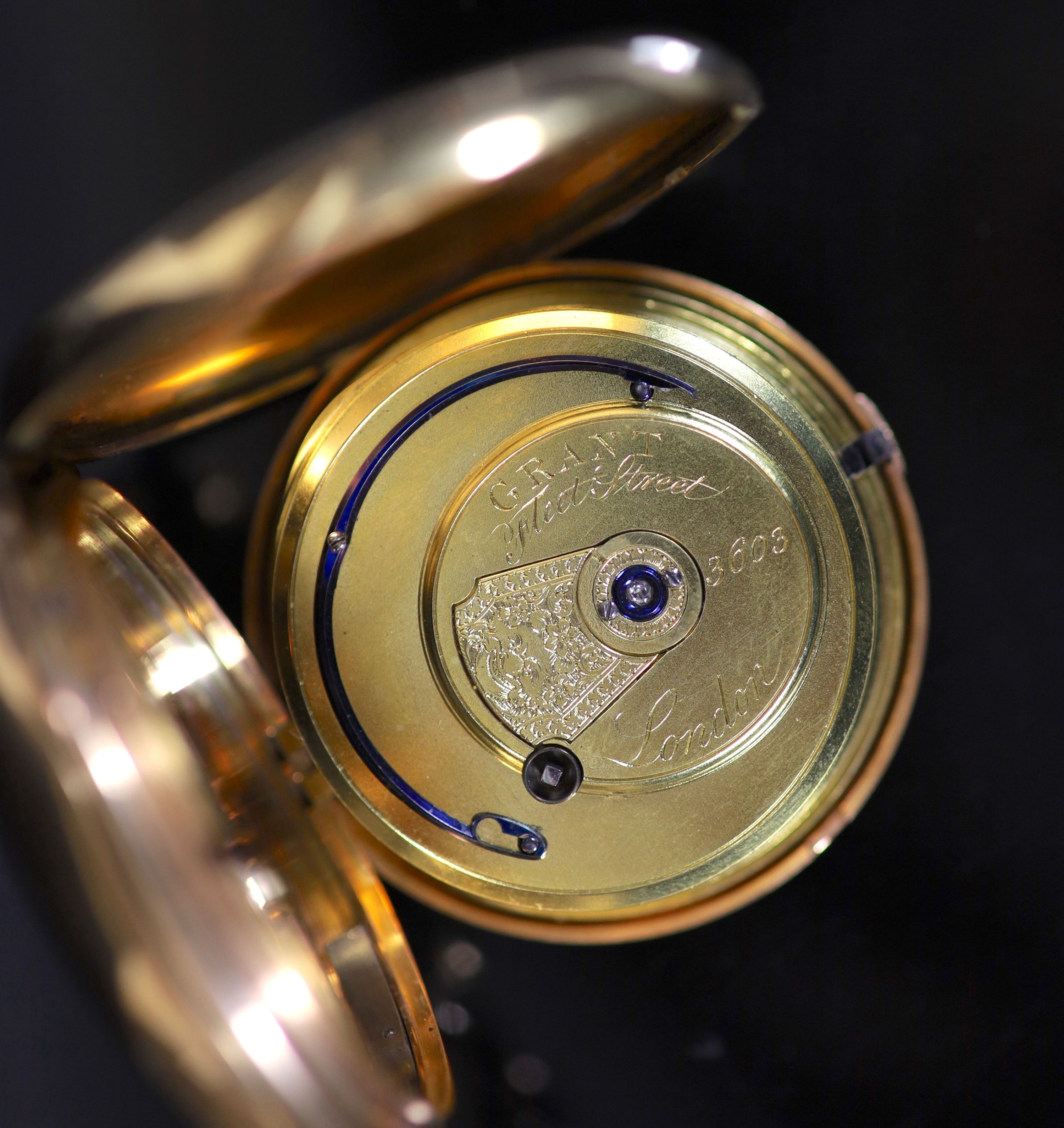 A George III 18ct gold hunter keywind lever pocket watch, by Grant, Fleet Street, London
